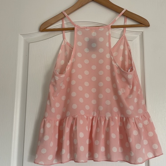 NWT Love Culture Spaghetti Strap Pink and White Polka Dot Peplum V-Neck Size M - Picture 2 of 11